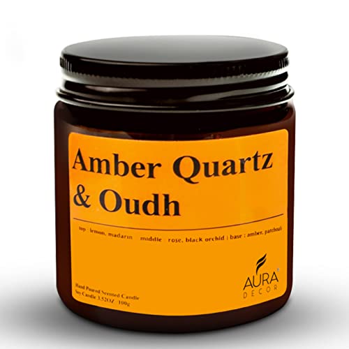 Image of AuraDecor Scented Jar Candle | Handpoured Soy Wax Candle with Long Lasting Burn Time | Premium Amber Jar Aromatherapy Candle | Ideal Gift for Home & Decor (Large, Amber Quartz & Oudh)