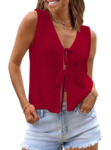 Image of LILLUSORY Womens Tie Front Tops Vacation Sweater Vest | Bohemian Style, Beach Resort Wear, Concert Western Outfits, Crochet Tops, Vacation Outfits, Cute Y2k Sleeveless 2026