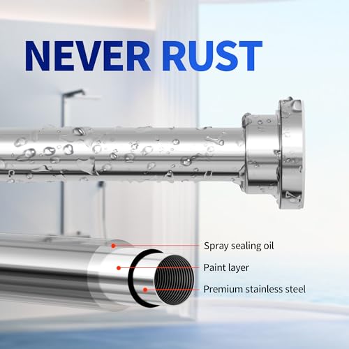 Image of Mcrbeay Shower Curtain Rod, 1 inch Diameter Heavy Duty Tension Shower Rod, Non Slip Adjustable 28-74 inch No Drilling Shower Curtain Rods Spring Tension For Bathroom, Shower Stall, No Rust, Silver