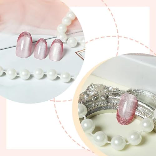 Image of Glitter Press on Nails Pink French Tip With Shiny Design Nude Pink Glue on Glossy Artificial Acrylic Full Cover Short Almond False Nails for Women Manicure 24Pcs