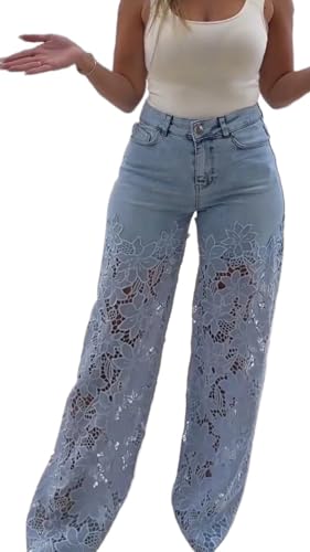 Wide Leg Jeans for Women Fashion Casual Lace Jeans Hollow-Out