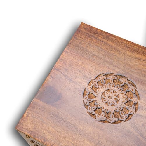 Image of SATTVA Wooden Stool for Living Room & Bedroom | Handmade Solid Mango Wood Stool with Antique Finish | Multipurpose Wooden Stool for Sitting, Footstool, Plant Stand, Side Table, Home - Brown