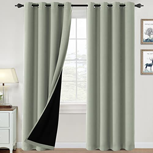 100% Blackout Curtains For Bedroom Thermal Insulated Blackout Curtains 84 Inch Length Heat And Full Light Blocking Curtains Window Drapes For Living Room With Black Liner 2 Panels Set, Light Sage #TOP23