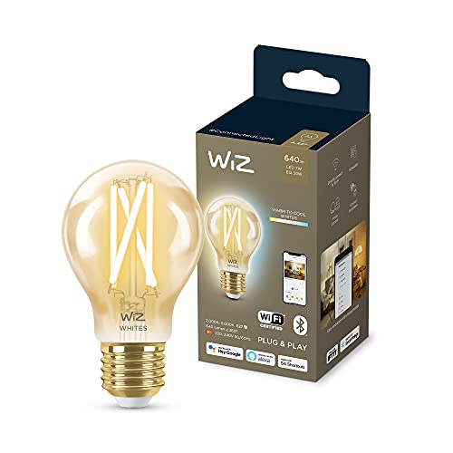 WiZ Lampadina Smart WiFi, Luce Bianca da Calda a Fredda Dimmerabile, Filamento Ambrata, E27, 7W, Tecnologia SpaceSense, Controllo Vocale (Alexa, Apple HomeKit, Google Home)