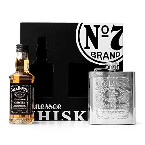 Jack Daniels Gifts - Official Mini Jack Daniels Whiskey, Old No. 7 Tennessee 5cl JD Whiskey Gift Set and Engraved 3oz Hip Flask - Jack Daniels Miniatures, Whisky Gift Set - Jack Daniels Gifts For Men