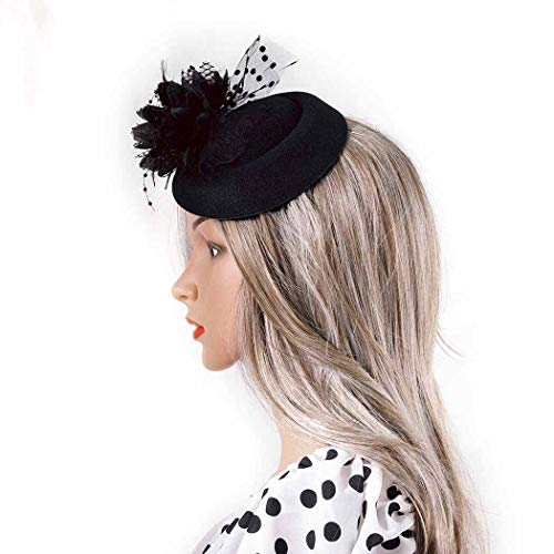 Vintage Fascinators Hats 50S Flower Feather Dress Hat Tea Party Cocktail Veil Pillbox Headwear With Clips For Women (Black) #TOP1