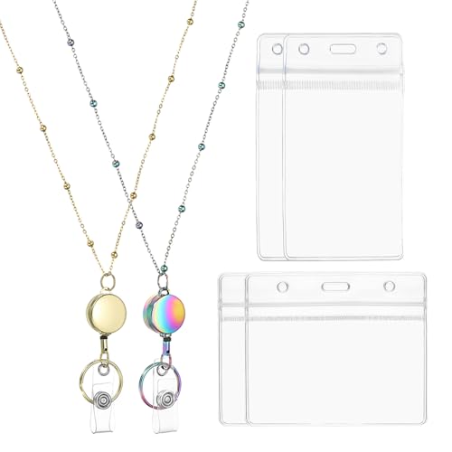 Collier Porte-Badge Rétractable en Acier Inoxydable 301 avec Clip, Lot de 2