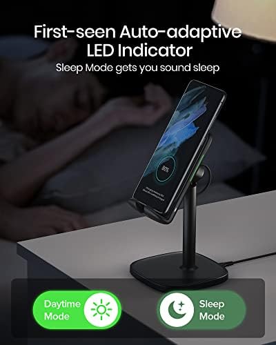 INIU Wireless Charger Phone Stand, 15W Fast Charge Adjustable Phone Desk Holder with Sleep-friendly Adaptive Indicator Wireless Charging Support For iPhone 14 13 12 11 Pro Max XR Samsung Google LG etc