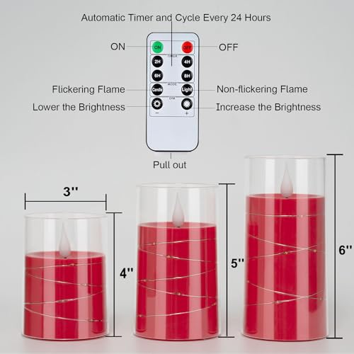 Image of Homemory Flickering Flameless Candles with String Lights, Battery Operated Candles, Embedded String Lights LED Candles, Unbreakable Plexiglass Candle with Remote, Set of 3, Red