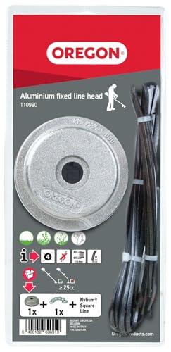 Oregon 110980 Cabezal de aluminio para desbrozadora, Compatible con la mayoría de desbrozadoras de eje recto de más de 25cc, Incluye hilo cuadrado Oregon Nylium
