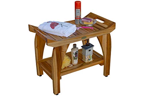 Ecodecors Earthy Teak Tranquility Shower Bench Natural Wood Shower Stool With Storage Shelf And Liftaide Arms For Indoors And Outdoors -24 Inches Length #TOP6