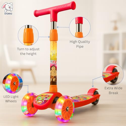 Image of Storio Chhota Bheem Foldable Kids Kick Scooter with LED Light Wheels & Adjustable Height | 3+ Years Boys & Girls | 50kg Capacity | Fun Outdoor Ride-On Toy - Red