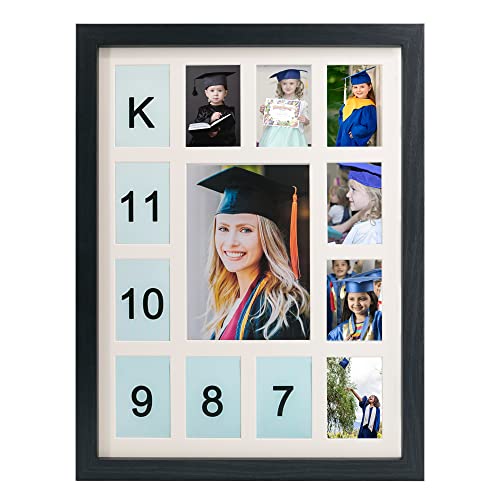 Image of GMFrames School Days Photo Frame K-12 School Years Picture Frame Graduation Photo Collage Black Frame with Mat, Displays One 5x7 Photo and Twelve 2.5x3.5 Pictures