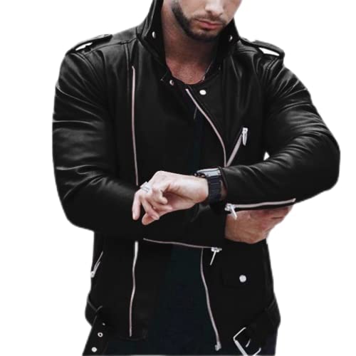 TOSHIKII Chaqueta de Cuero para Motocicleta Brando con Cremallera Cruzada para Hombre, Chaqueta de Cuero de imitación para Motorista de Talla Grande para Hombre