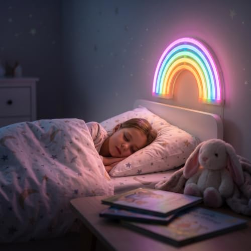 Image of Neon Rainbow Sign, USB & Battery Powered LED Wall Light, Cute Rainbow Decor for Girls Bedroom, Kids Room, Nursery & Dorm - Safe, No-Flicker Night Light for Party, Christmas & Birthday Gift