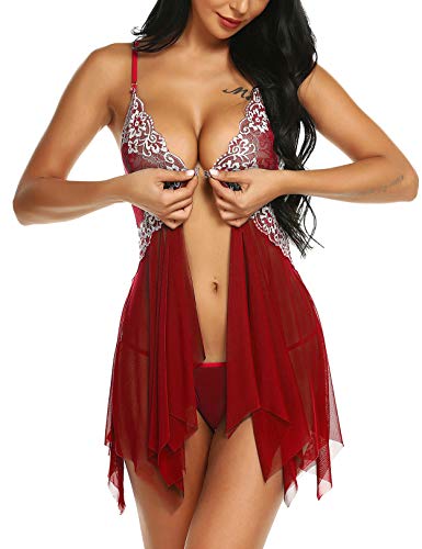 klier Women Red Babydoll Lingerie Set Deep V Teddy Chemise Wine Red