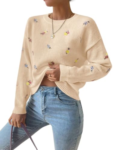 chouyatou Women's Ditsy Floral Embroidered Pullover Sweater Color