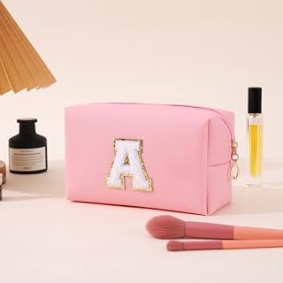 Makeup Bag, Personalized Initial Makeup Pouch Leather Waterproof Cosmetic Bag with Zipper, Portable Travel Toiletry Bag for Birthday Gift Women Mom Friends, Letter A, Pink, Large, Modern