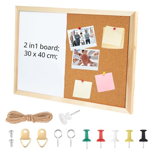 Memoboard, Pinnwand Küche mit Holzrahmen, Notizwand Magnettafel, 2 in 1 Kombiboard mit Druckstiftem Befestigungsmaterial, Korkwand und Magnetisches Whiteboard für Büro Küche (40x30cm)