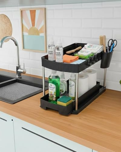 Image of HomeWiz Sink Organizer 2-Tier | Under Sink Storage Organizer | Kitchen Cabinet Organiser | Multipurpose For Kitchen & Bathroom | Plastic & Steel Frame | Space-Saving Storage Rack | 44x32x22 cm | Black