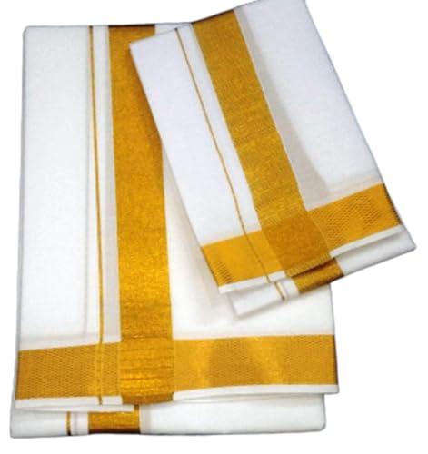 Kolakeer™ Men's Cotton Kasavu Dhoti and Angavastram Set - 2.0Mtrs 100K Veshti Mundu and 100K 1.8Mtrs Angavastram (WBB-White)