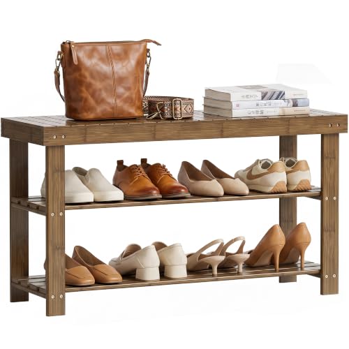 SMIBUY Bamboo Shoe Rack Bench, 3-Tier Shoe Organizer Storage Shelf for Entryway Hallway Bathroom Living Room (Walnut)
