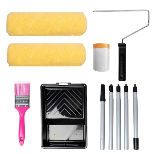MOLLOR Paint Roller Kit with Extension Pole - 6 Pieces Set with 9 Paint Roller 2 Paint Brush 51 Adjustable Extension Pole 11 Sturdy Paint Tray - Complete Painting Tool Set