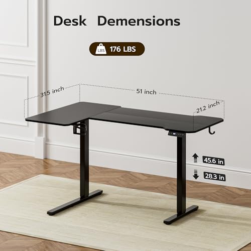 Image of Acrolix L Shaped Electric Standing Desk - 51x31.5 Inch Reversible Corner Sit Stand Desk with Hook&Cup Holder,Electric Height Adjustable Table,for Small Home Office&Bedroom Computer Desk, Black