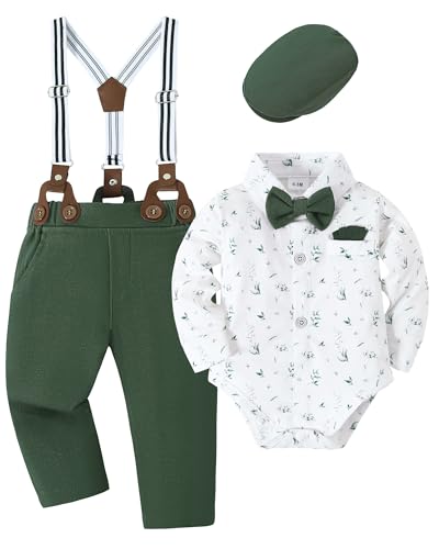 Image of YALLET Baby Boy Outfits Suits Infant Formal Dress Clothes Gentleman Wedding Print Shirt+Beret Hat+Suspender Pants+Bowtie