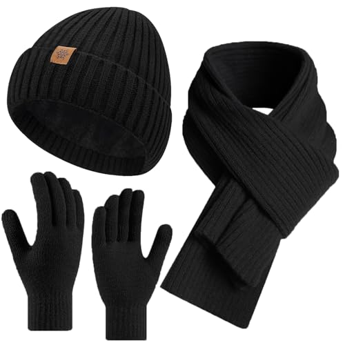 Cyihual Winter Hat Gloves Scarf Set for Women and Men, Touchscreen Gloves, Fleece Lined Knit Beanie & Long Scarf | 3 in 1 Set (Black Stripes)