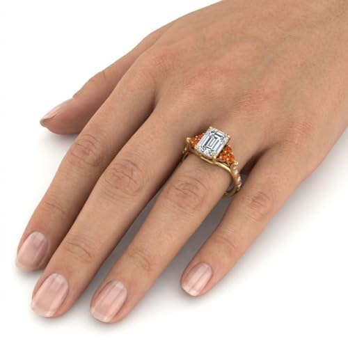 Image of Choose Your Gemstone Emerald Cut Petite Cathedral Diamond CZ Ring Yellow Gold Plated Emerald Shape Petite Engagement Rings for Women, Girls and Ladies US Size 4 to 12
