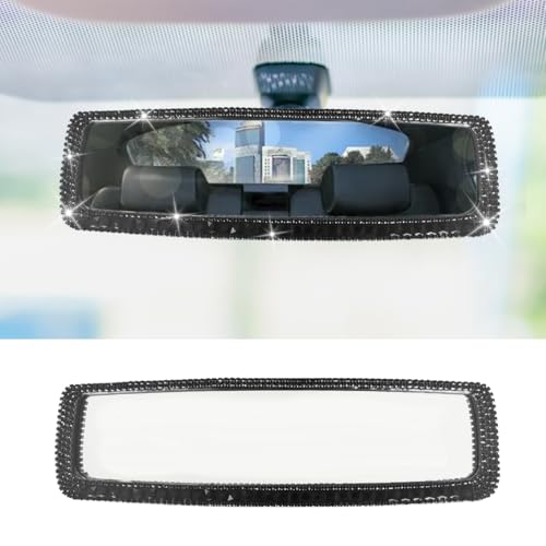 Bling Car Rear View Mirror Clip-On Rhinestone Car Rearview Mirror with Crystal Diamonds HD Glass Auto Interior Rear View Mirror Car Decoration Accessories for Women Men Teens (Black)