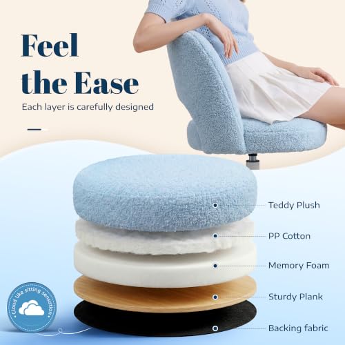 Image of DurayLoly Vanity Chair with Wheels,Open Back, Armless,Light Blue | Chair Soft Teddy Fabric 6 inch Thick Cushion, Height Adjustable 17.5 inch-21.5 inch, 360 Swivel for Vanity Table, Home Office
