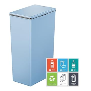 EKO Morandi 40L Kitchen Recycling Bin with Touch-Top Lid, Slim Plastic Rubbish Bin with Recycling Stickers and Easy-Clean Finish, Compact Design for Home or Office, Titanium Blue