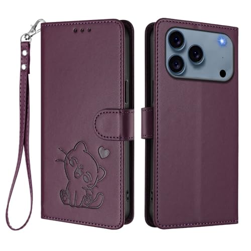 Étui iPhone 16 Plus violet chat portefeuille cuir à rabat magnétique
