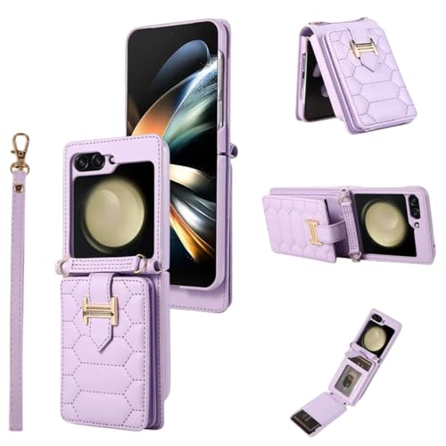 Coque Samsung Galaxy Z Flip 5 4 3 cuir violet clair étui portefeuille avec lanière