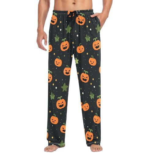 visesunny Men's Hawaii Bottoms Cotton Lightweight Halloween Pumpkin Leaf Casual Lounge Pants Soft Sleep Pj