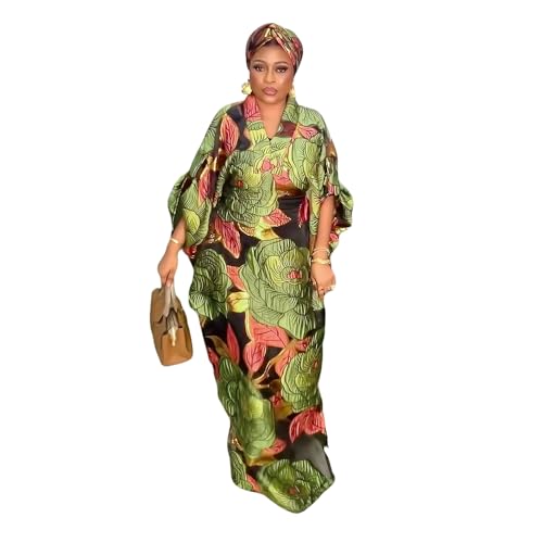 HD African Stylish Bubu Dress for Woman Green Floral Pattern Caftan Gown Adjustable Sleeves with Buckle