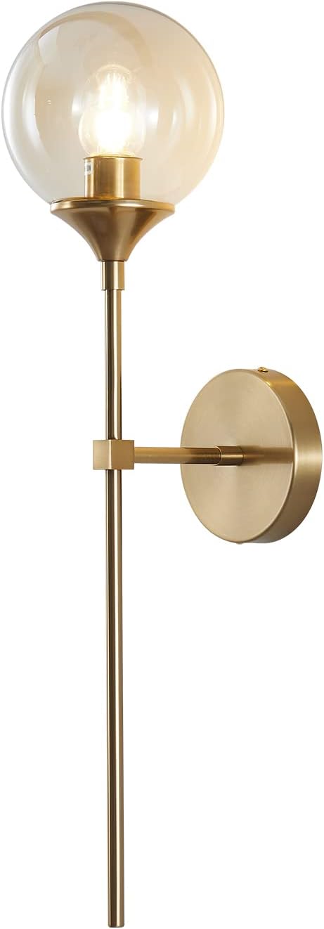 KCO Mid Century Modern Gold Amber Glass Globe Wall Sconce with Long Rod | E26 Base, Up/Down Mounted, Hardwired Brushed Brass Wall Light Fixture for Bedroom Reading Bathroom Vanity Hallway Living Room