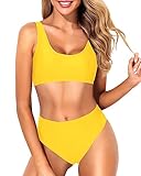 Tempt Me Women Neon Yellow Two Piece Scoop Neck Bikini Crop Top Swimsuit Sporty High Waisted Bathing Suit L