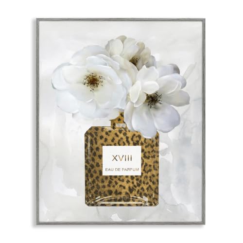 Stupell Industries Leopard Print Perfume Bottle Glam White Spring Florals, Design by Carol Robinson Gray Framed Wall Art, 11 x 14
