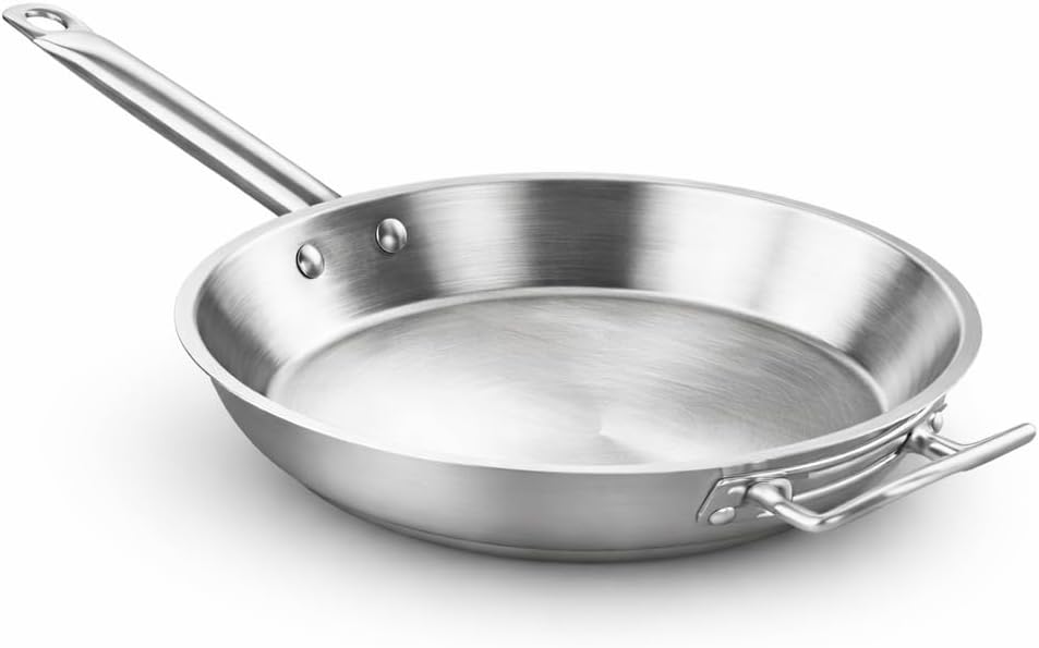 16 Inch Stainless Steel Fry Pan with Aluminum-Clad Bottom & Helper Handle, Induction Ready, NSF Certified, Oven & Dishwasher Safe, Commercial Grade Skillet