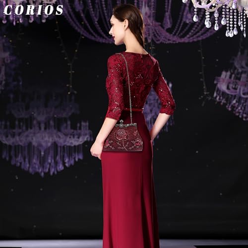 Vintage 1920s Abendtasche Floral Clutch Tasche Damen Handgemachte Perle Handtasche Elegante Schultertasche Kette Umhängetasche Klein Tasche Hochzeit Bankett-Party Abschlussball Tasche Weinrot – Bild 3