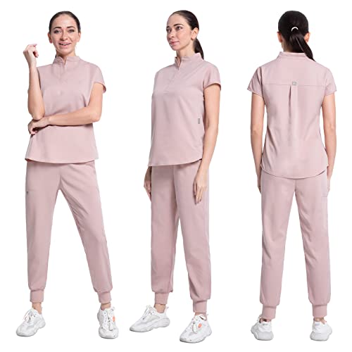 VIAOLI Women's Jogger Scrub Set with Pocket Medical Uniforms Include V-Neck Scrub Top and Pant Fitted Stretch Scrub Set-12 Color (Chalk Pink,S,Small)