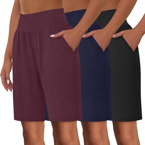 Neer 3 Pack Women's Bermuda Shorts, High Waist Cotton Stretch Casual Bottoms Knee Length Summer Athletic Short with Pockets