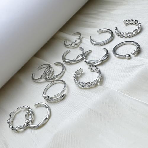Image of 12PCS Toe Rings for Women 14K Gold /Silver Plated Adjustable Toe Ring Set Open Heart Arrow Infinity Rings Beach Foot Jewelry for Summer