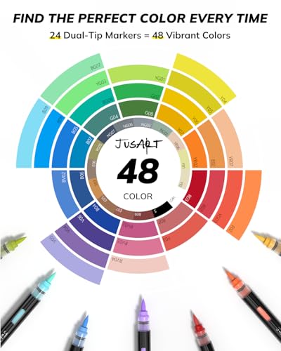 Image of JusArt Acrylic Brush Markers, 48 Colors Brush Tip Acrylic Marker Set, 24 Dual-Tip Water Based No Bleed Markers with Automatic Ink Control for Wood, Rock, Fabric, Canvas, Glass, Eggs & DIY Crafts