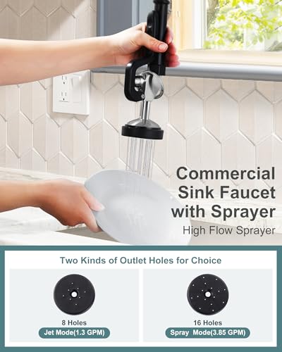 Image of 21 inch Height Commercial Faucet Wall Mount with Sprayer 10 inch Swing Spout 8 inch Adjustable Center, Kitchen Sink Faucets with Pull Down Pre-Rinse Sprayer for Restaurant Industrial Kitchen, Brushed Nickel