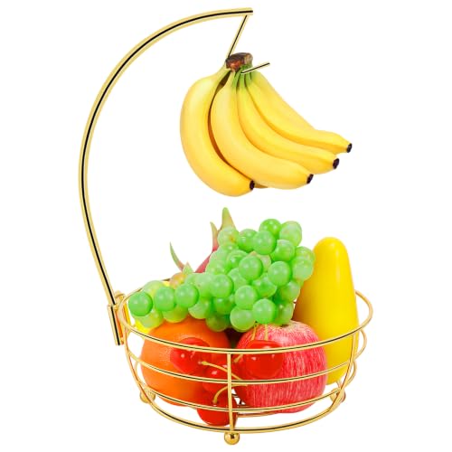 Livabber Countertop Fruit Basket Bowl with Banana Hanger Modern Standing Fruit Vegetable Bowl Storage with Banana Tree Holder for Kitchen Dinning Table (Round Metal Gold)