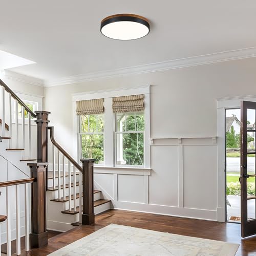 Image of Modern Walnut Wood Black Flush Mount Ceiling Light 15.74 Inch